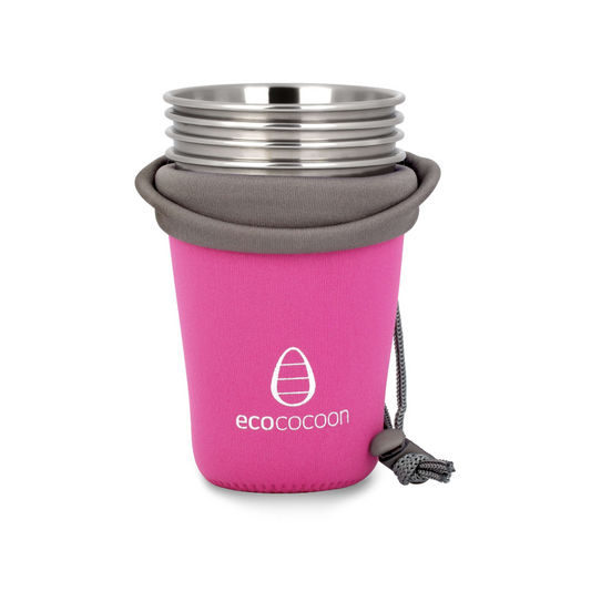 Pink reusable coffee cup with gray sleeve and silver lid on a white background