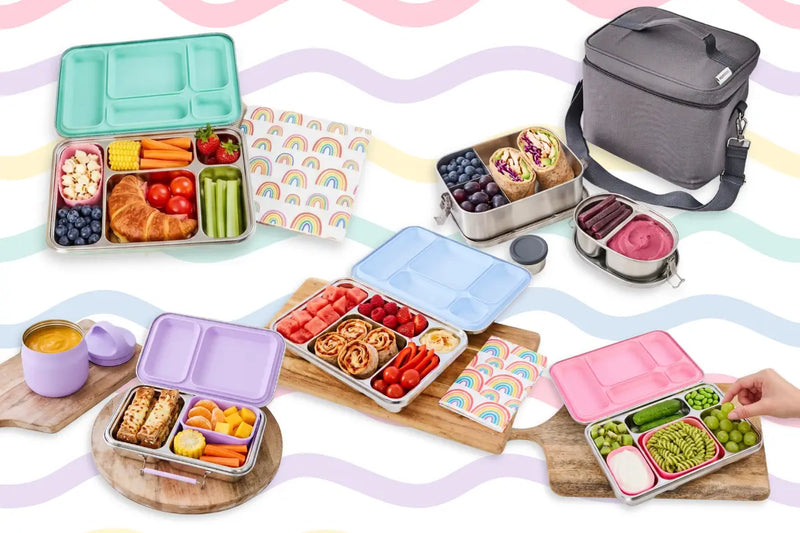 rainbow coloured lunchboxes with rainbow coloured lunches