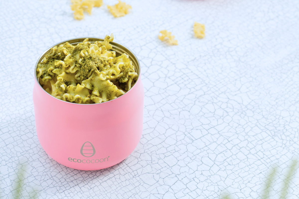 eco cocoon leak-proof insulated food jar packed with hot winter pasta for school lunch