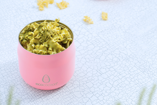 eco cocoon leak-proof insulated food jar packed with hot winter pasta for school lunch
