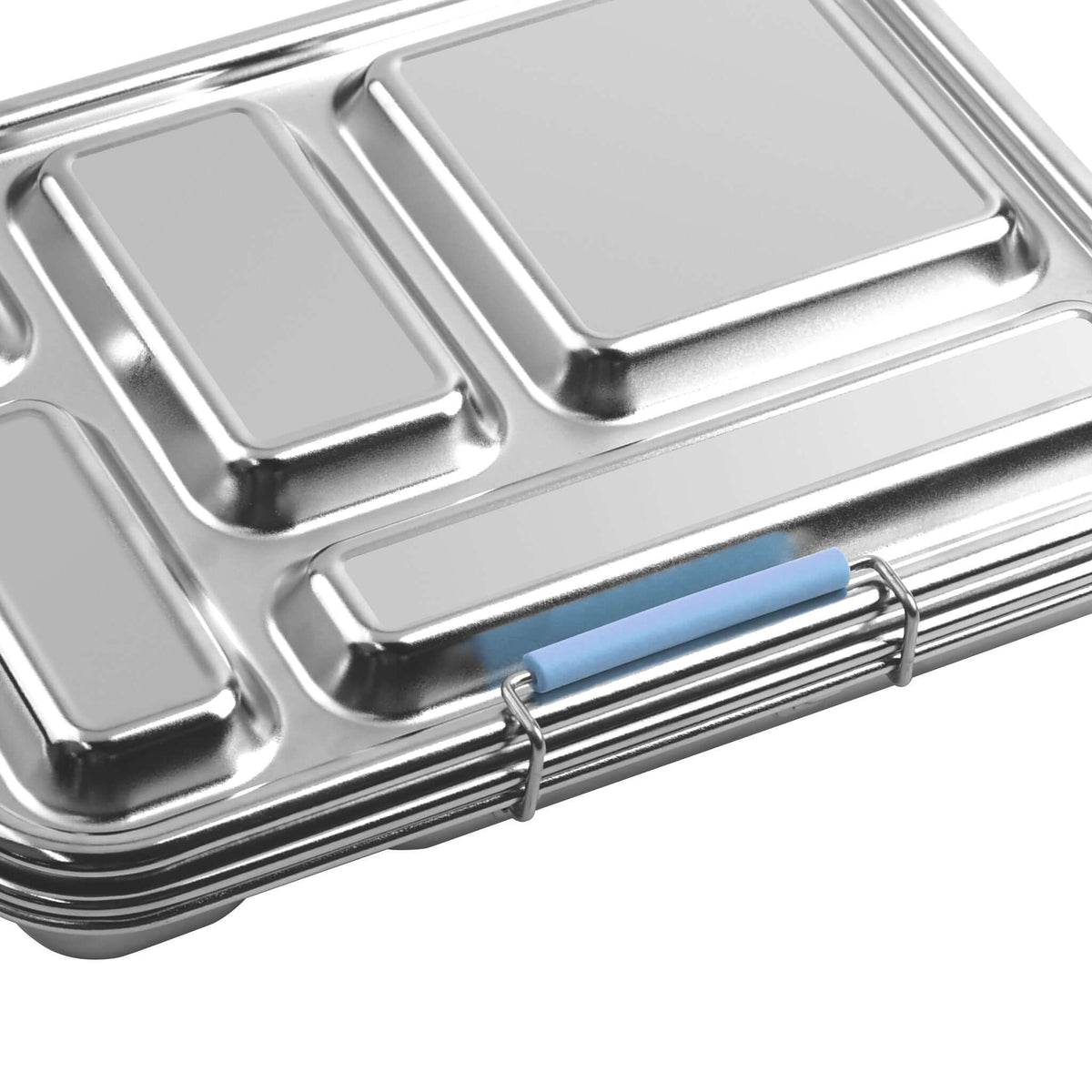 Blue replacement latch fitted to the side of a closed five-compartment stainless steel bento box