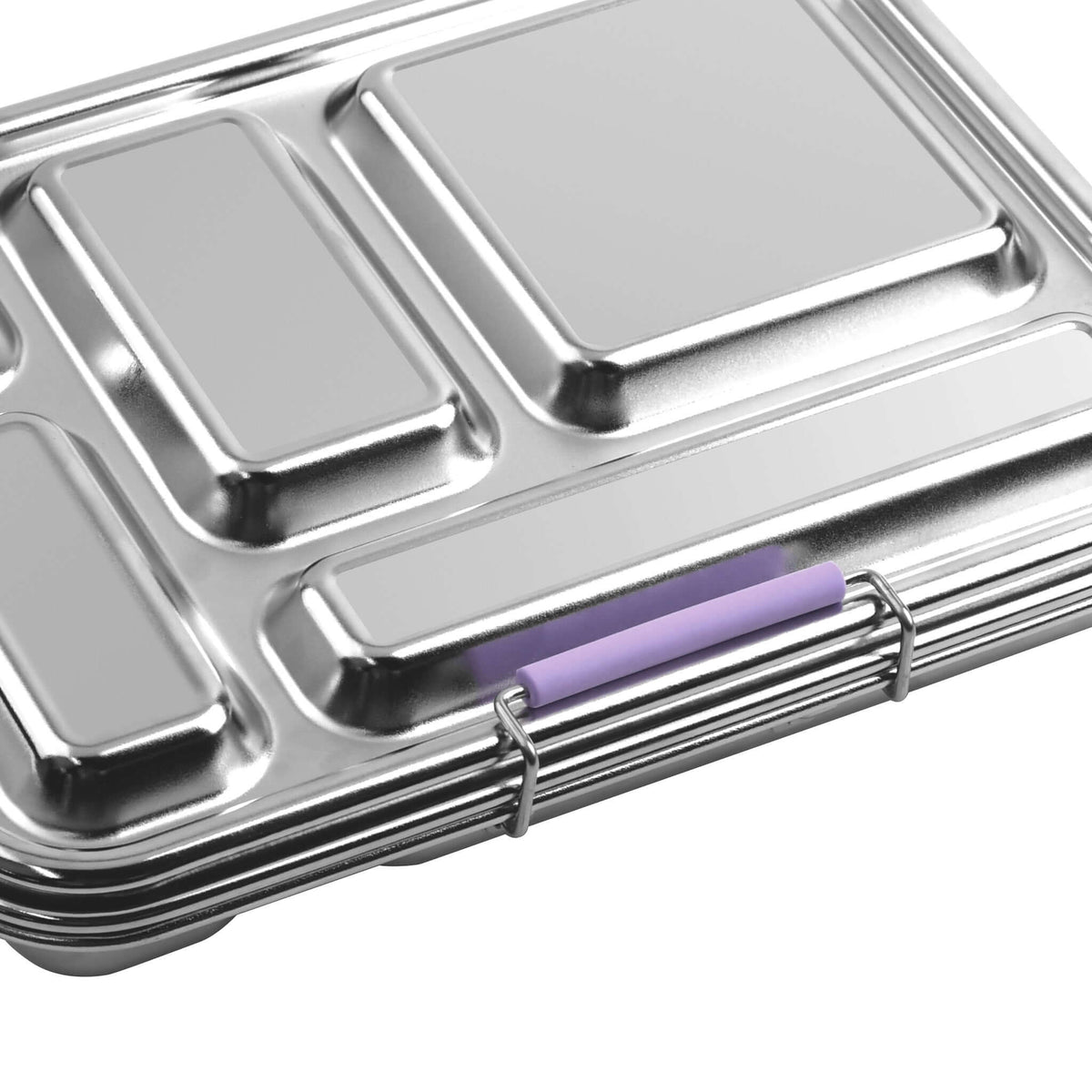 Lilac replacement latch fitted to the side of a closed five-compartment stainless steel bento box