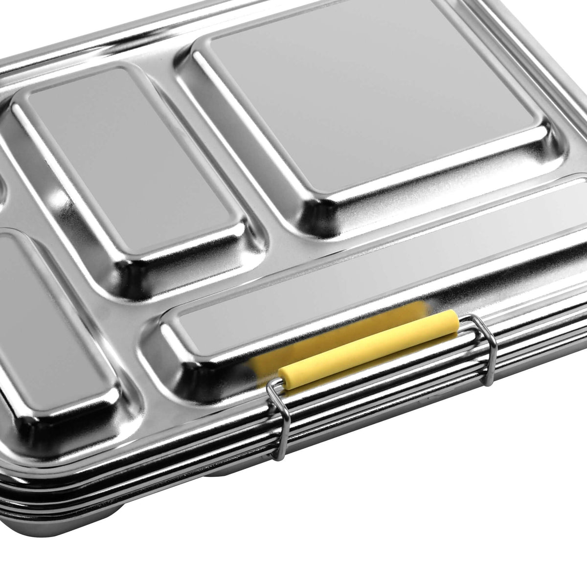 Yellow replacement latch fitted to the side of a closed five-compartment stainless steel bento box