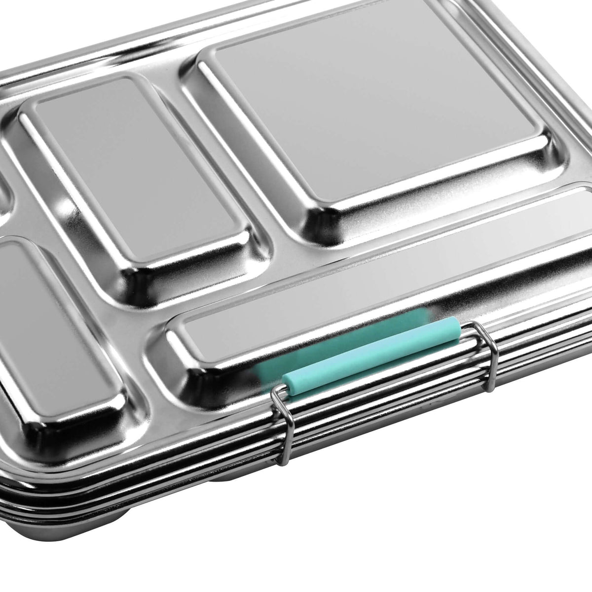 Aqua replacement latch fitted to the side of a closed five-compartment stainless steel bento box