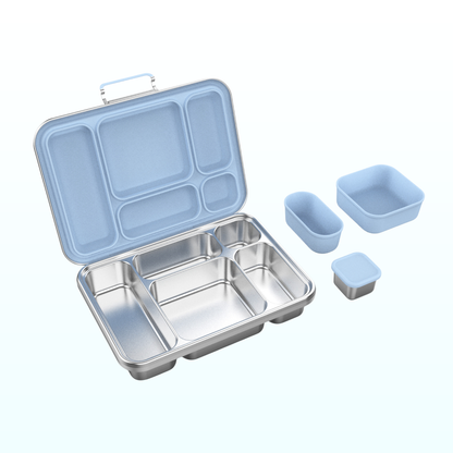 Open five-compartment stainless steel bento lunch box with a pale blue lid and two matching silicone snack cups