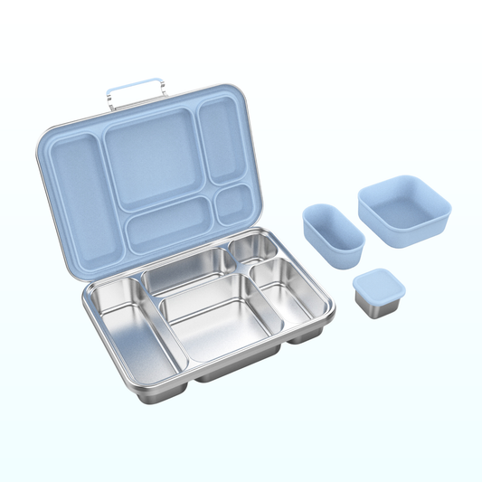 Open five-compartment stainless steel bento lunch box with a pale blue lid and two matching silicone snack cups