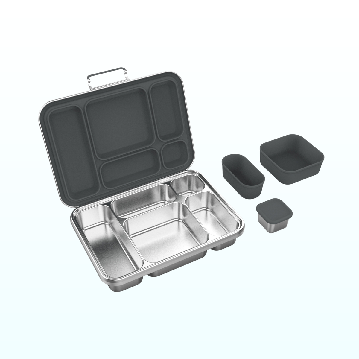Open five-compartment stainless steel bento lunch box with a charcoal lid and two matching silicone snack cups