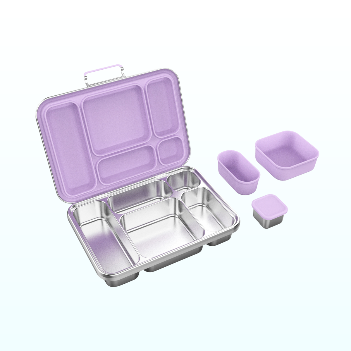 Open five-compartment stainless steel bento lunch box with a lilac lid and two matching silicone snack cups