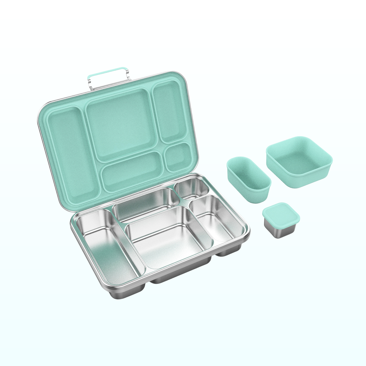 Open five-compartment stainless steel bento lunch box with a sage green lid and two matching silicone snack cups