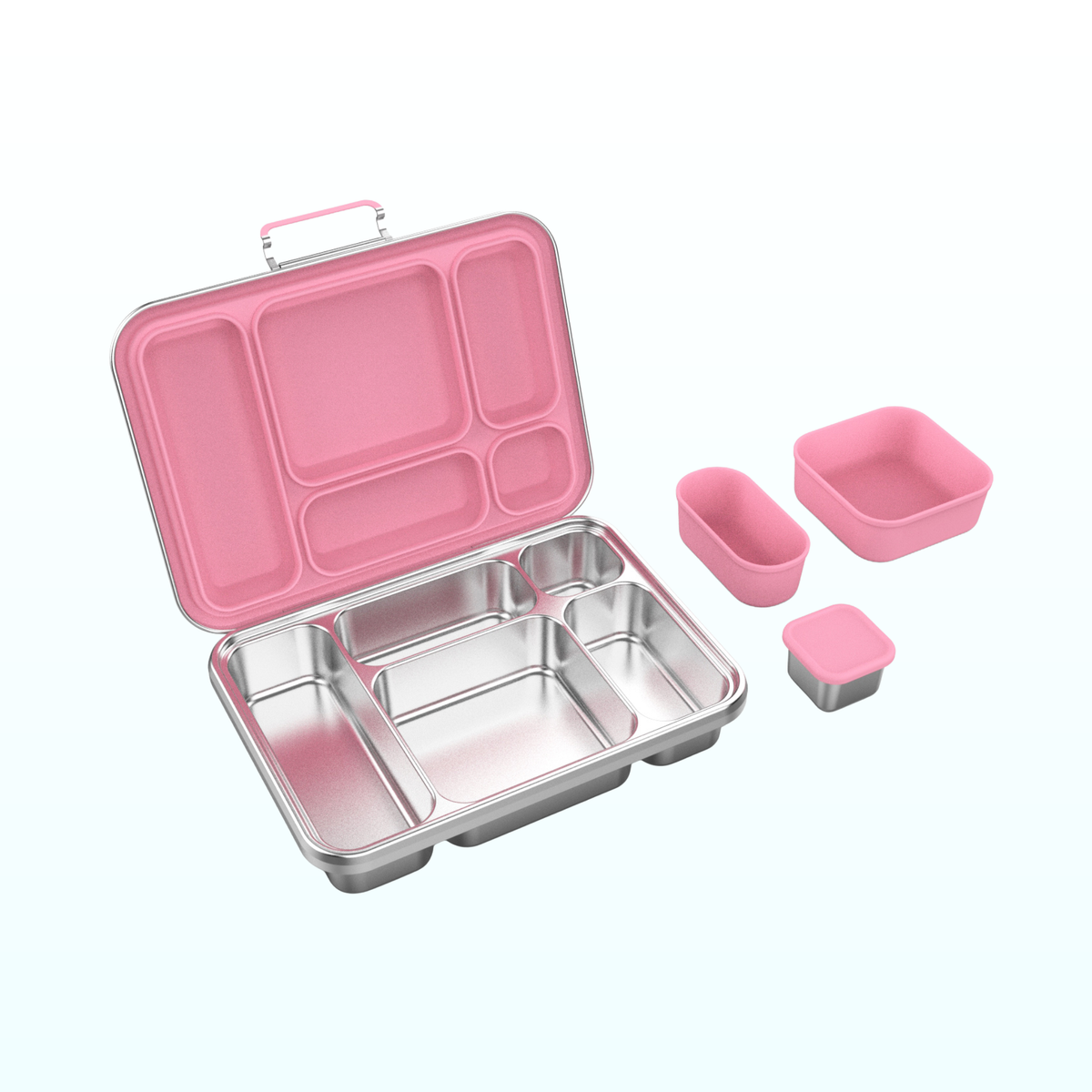 Open five-compartment stainless steel bento lunch box with a pink lid and two pink silicone snack cups