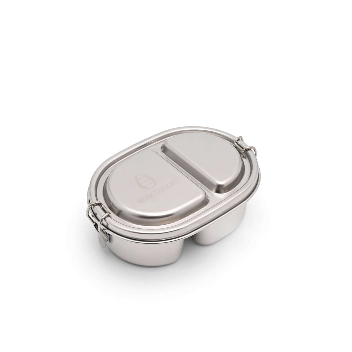Closed oval stainless steel Snack Pot Duo with a metal clasp, shown at an angle