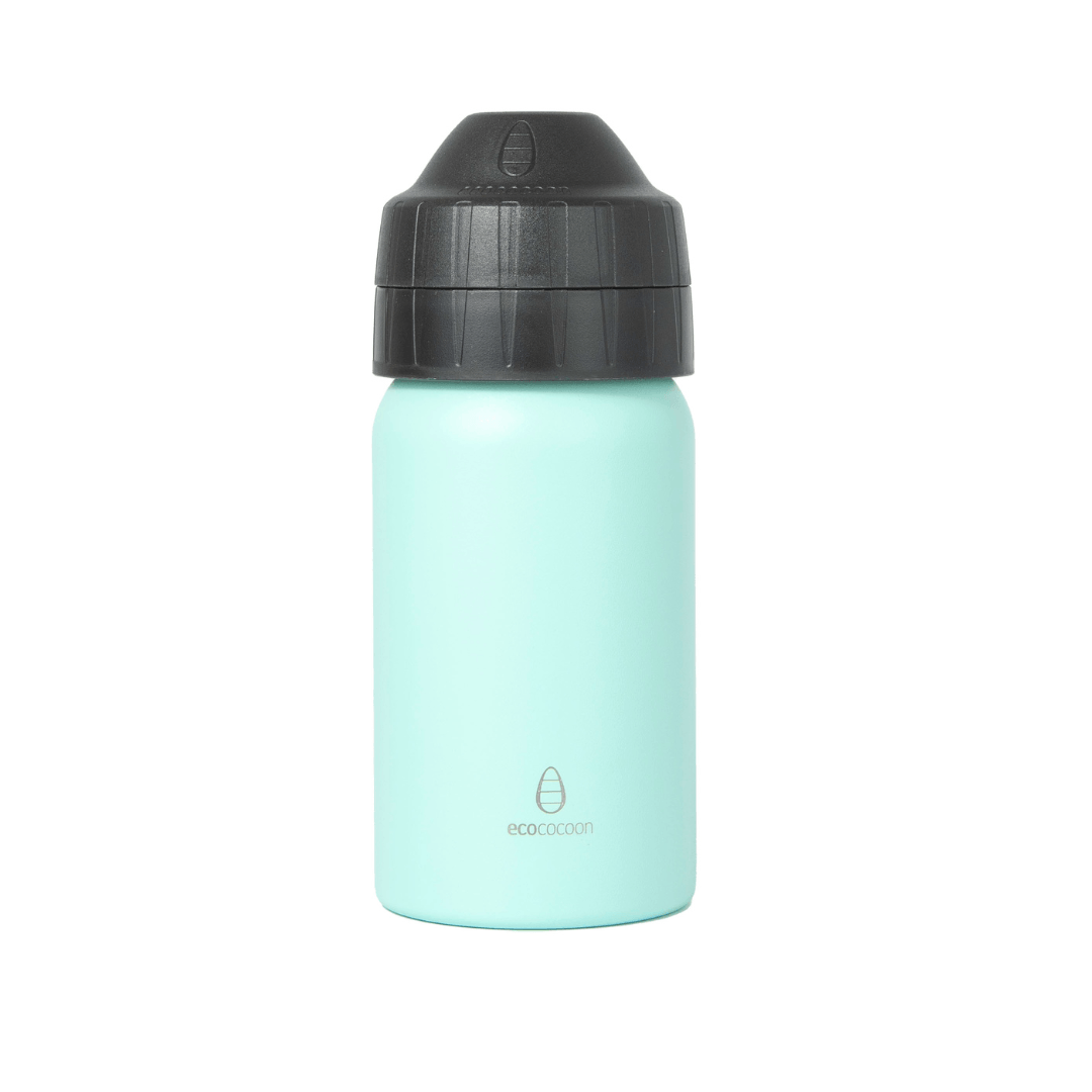 Mint green 350ml stainless steel drink bottle with a black leak-free lid