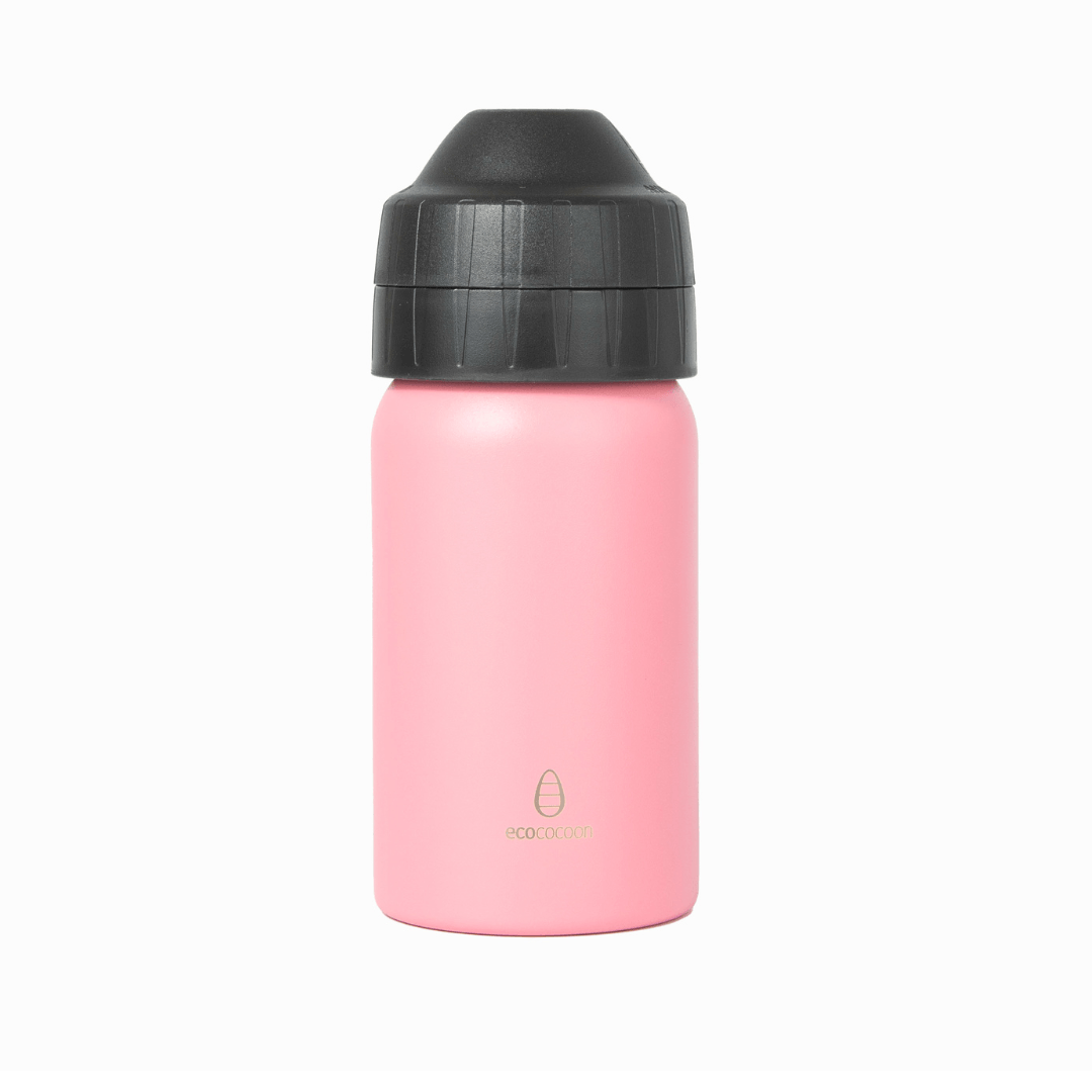 Pink 350ml stainless steel drink bottle with a black leak-free lid
