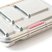 Closed five-compartment stainless steel bento box with a pink silicone side latch