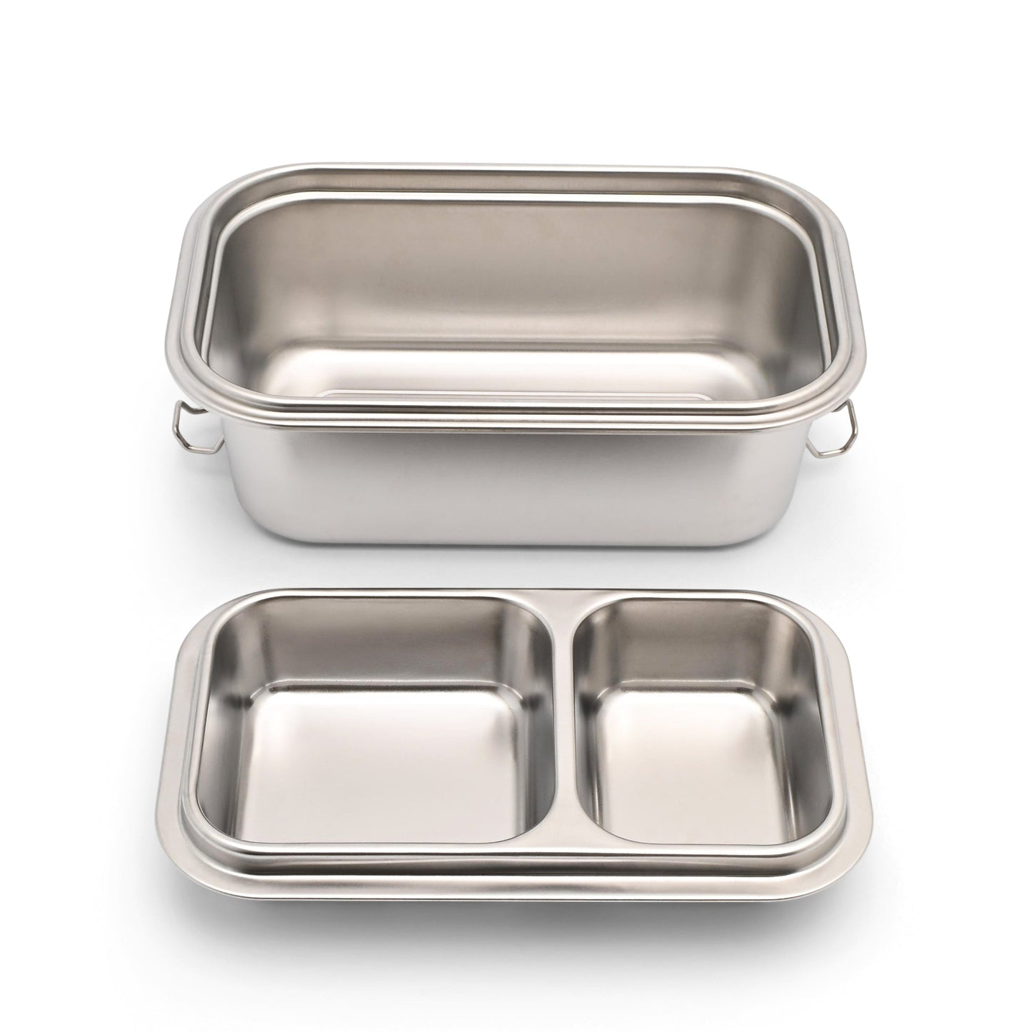 Stainless steel food container with compartments.
