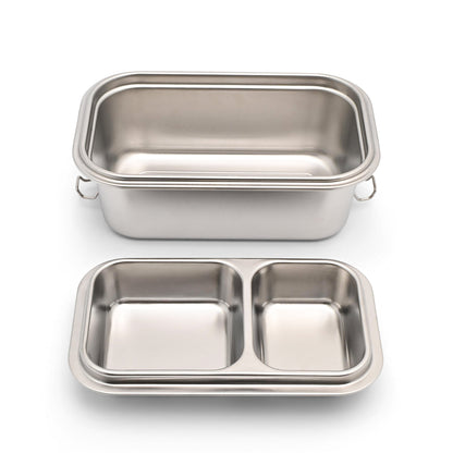 Stainless steel food container with compartments.
