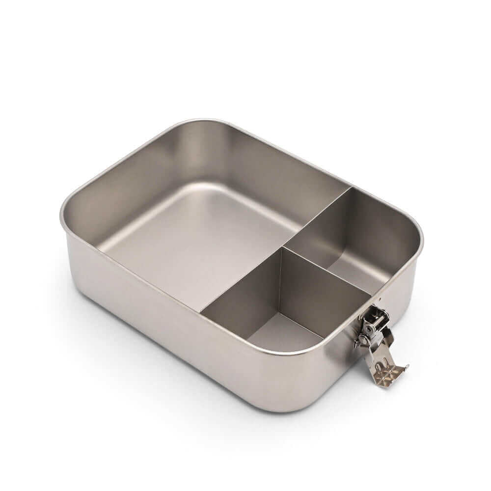 Stainless steel food container with a compartment.