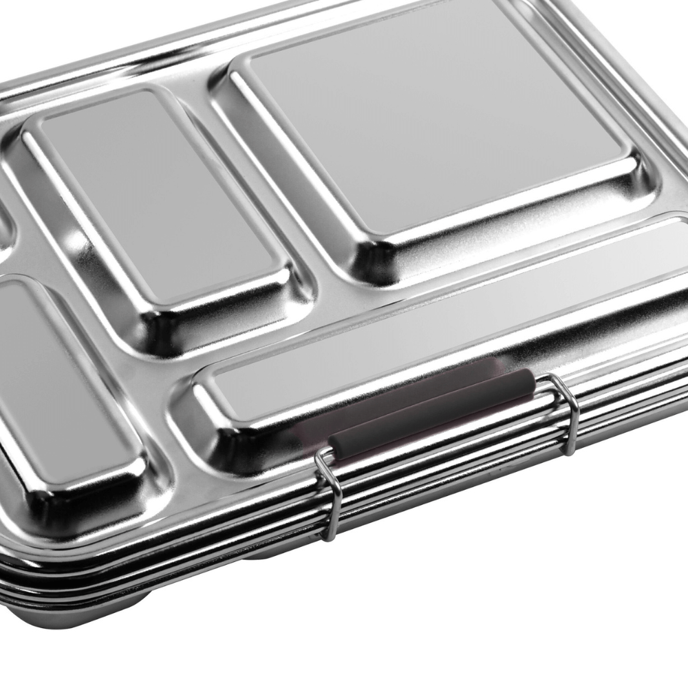 Plain silver replacement latch fitted to the side of a closed five-compartment stainless steel bento box