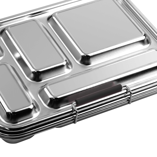 Plain silver replacement latch fitted to the side of a closed five-compartment stainless steel bento box