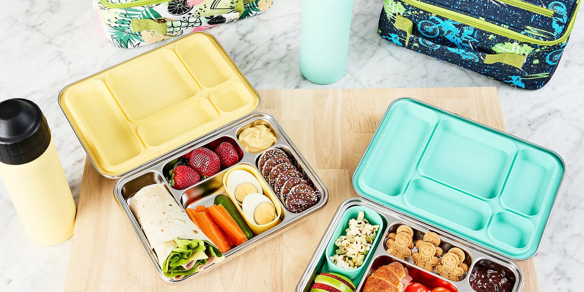 Stainless steel bento lunch boxes packed with school lunch
