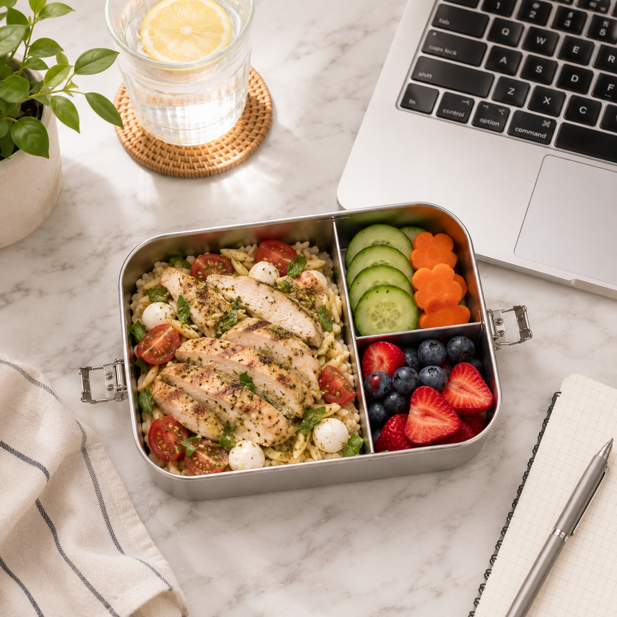 Lunchbox with salad and fruits on a marble desk with a laptop.
