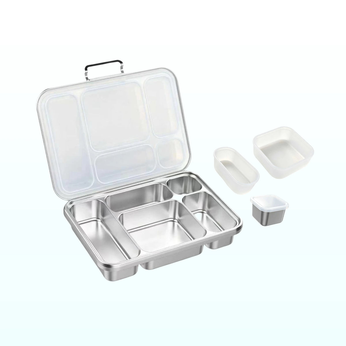 Open five-compartment stainless steel bento lunch box with a clear lid and two clear silicone snack cups