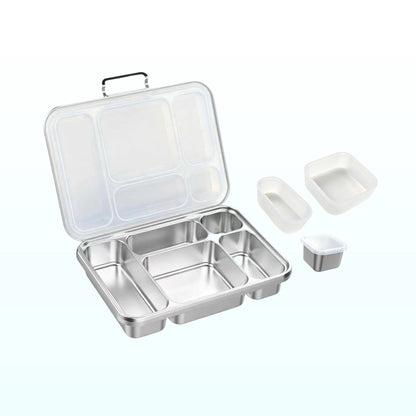 Open five-compartment stainless steel bento lunch box with a clear lid and two clear silicone snack cups