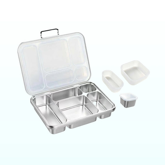 Open five-compartment stainless steel bento lunch box with a clear lid and two clear silicone snack cups