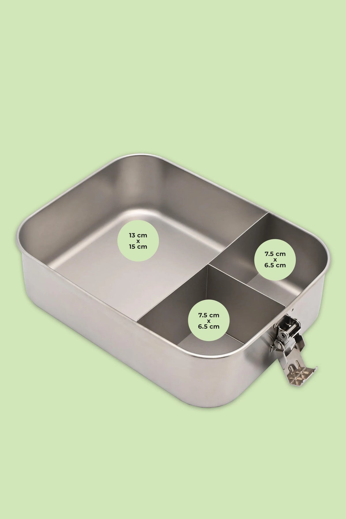 A stainless steel compartment lunch box with a hinged latch, shown on a light green background with overlaid dimension labels for the compartments.