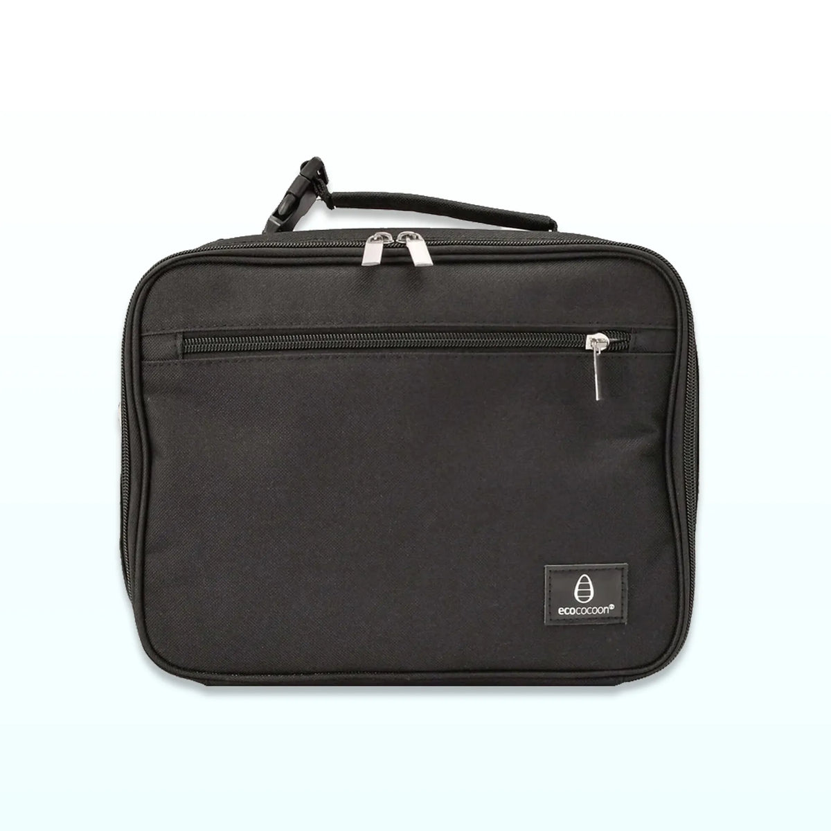 Plain black insulated lunch bag with a top handle and front zip pocket