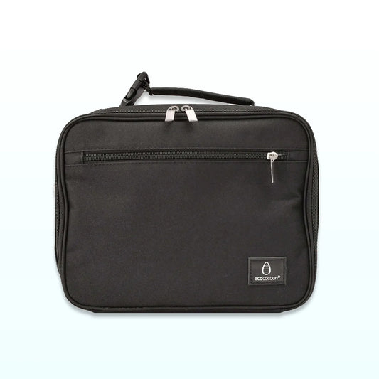 Plain black insulated lunch bag with a top handle and front zip pocket