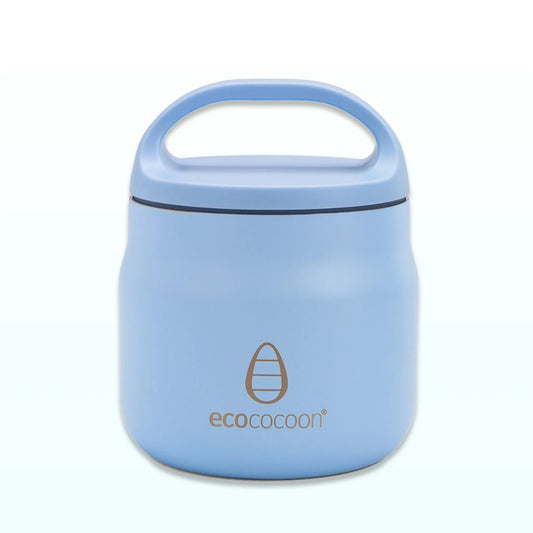 Pale blue insulated stainless steel food jar with a carry-handle lid