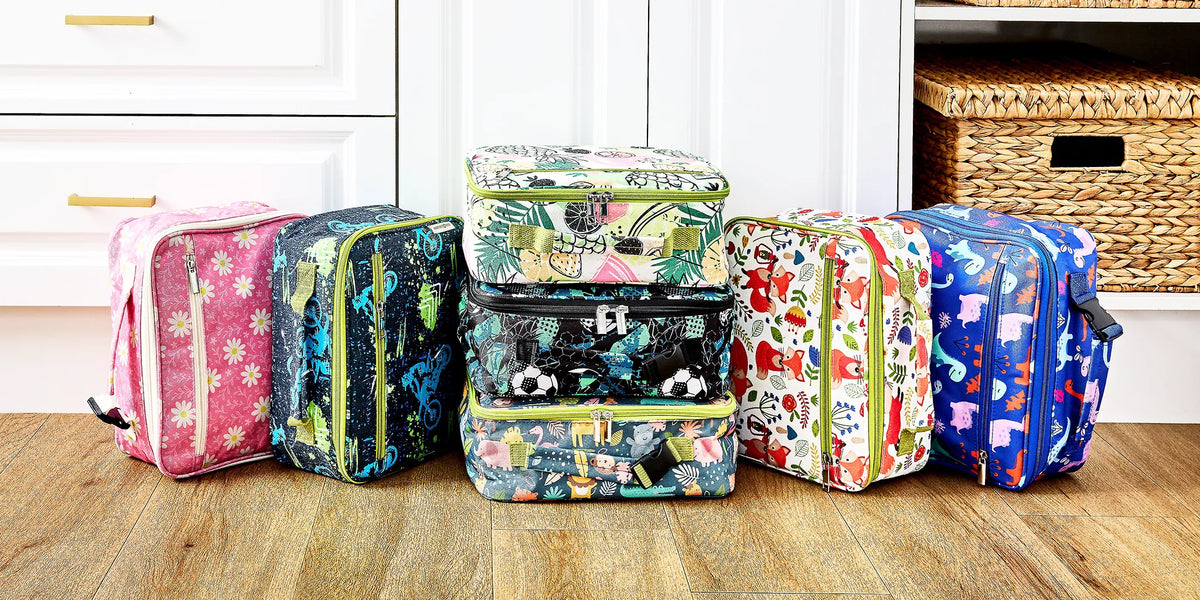 colourful insulated kids lunch bags stacked on wooden floor