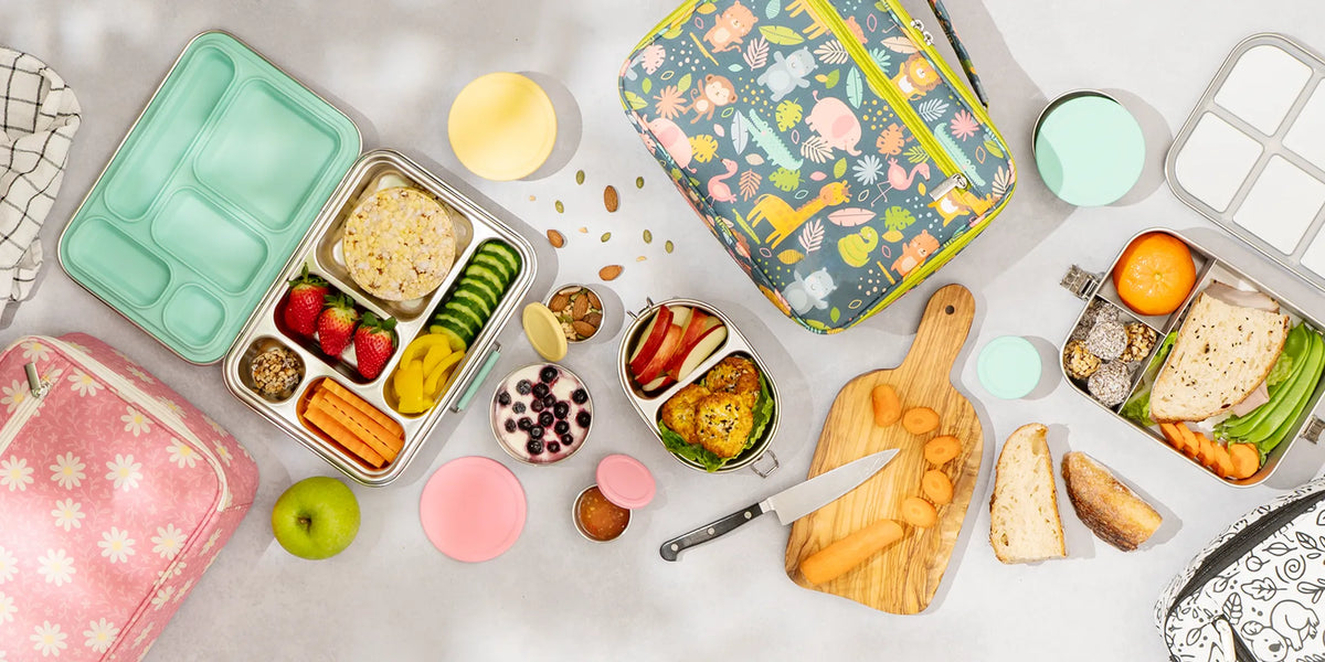 EcoCocoon stainless steel lunchboxes, snack containers and lunch bag with lots of colourful food