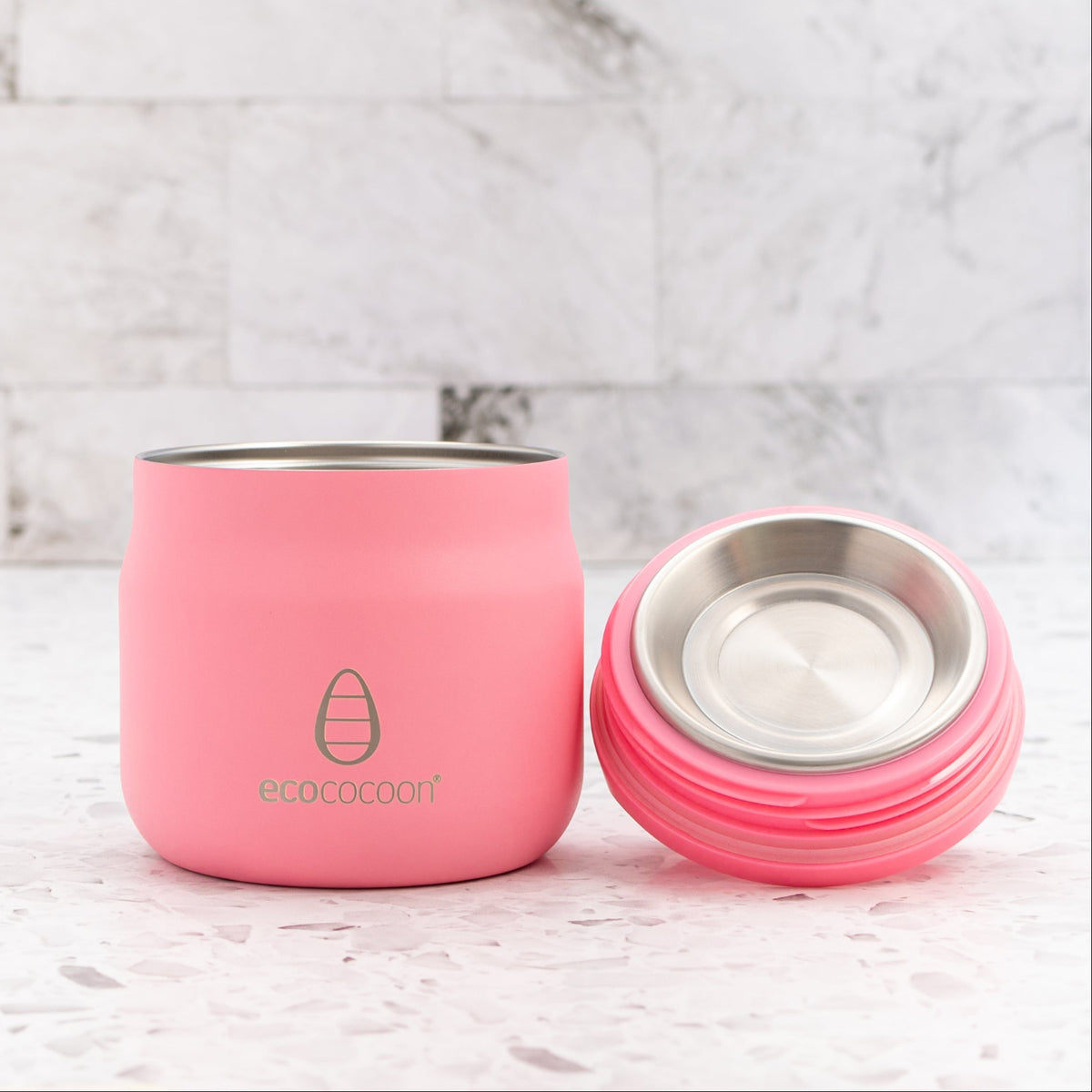 Coral pink insulated food jar with the lid removed, showing the stainless steel interior