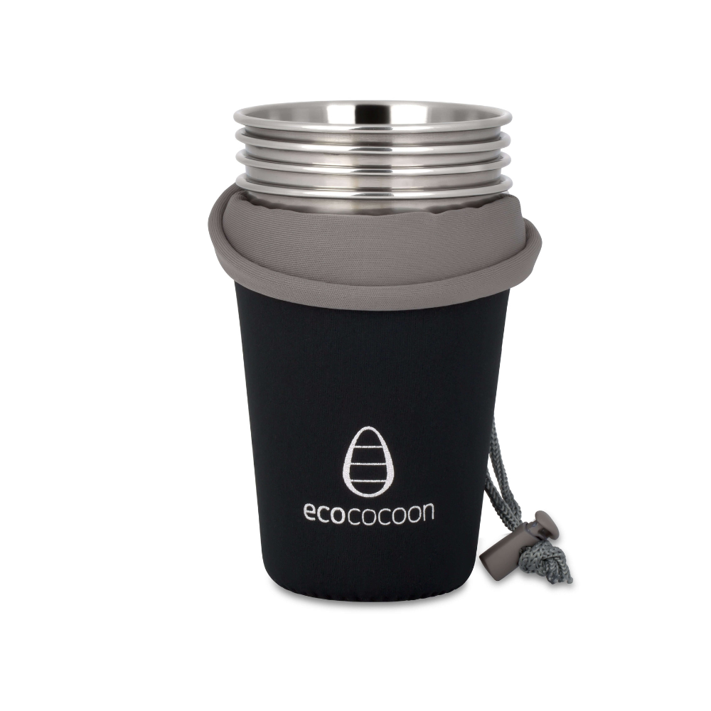 Reusable coffee cup with black sleeve and silver top on a white background