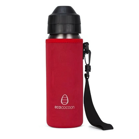 Deep red bottle cover with a black shoulder strap on a stainless steel drink bottle
