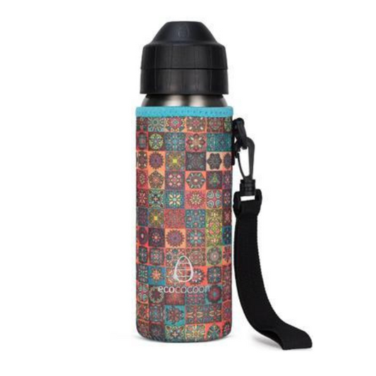 Bottle cover in a multicoloured mosaic tile print with a black shoulder strap