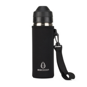 Black neoprene bottle cover with an adjustable shoulder strap, fitted to a stainless steel drink bottle