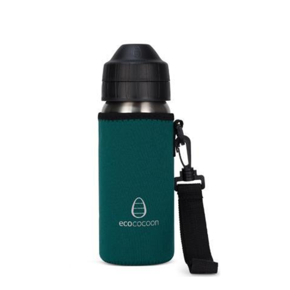 Dark teal medium bottle cover with a black shoulder strap on a drink bottle