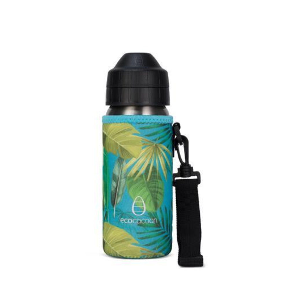 Medium bottle cover in a teal tropical palm leaf print with a black shoulder strap