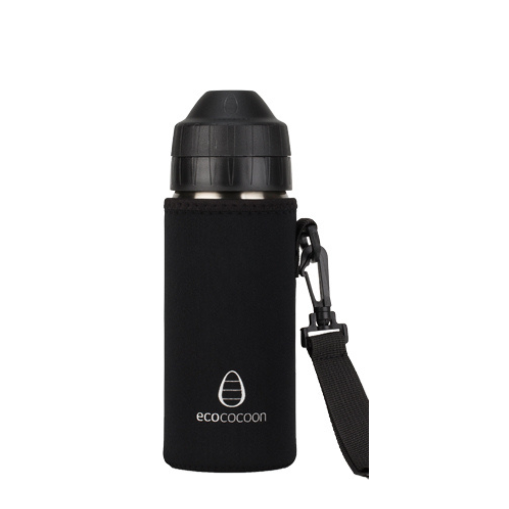 Black medium bottle cover with a black shoulder strap on a stainless steel drink bottle
