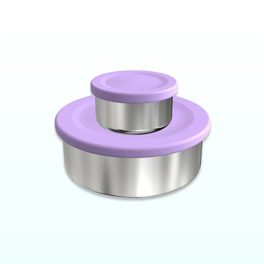 Two stainless steel snack pots with lilac silicone lids, the smaller stacked on the larger
