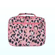 Pink leopard print insulated lunch bag with a top handle and front zip pocket