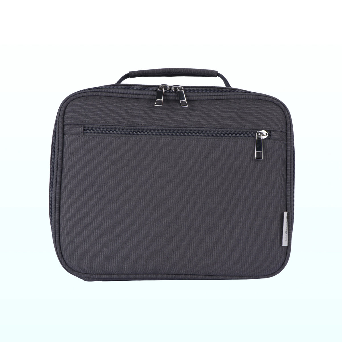 Charcoal insulated lunch bag with a top handle and front zip pocket