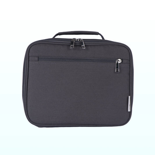 Charcoal insulated lunch bag with a top handle and front zip pocket