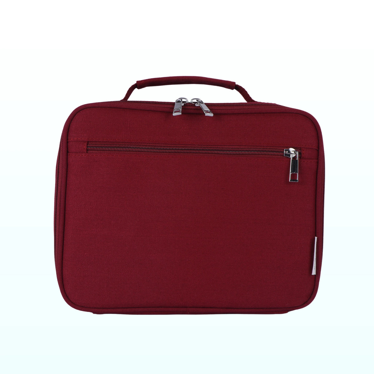 Burgundy insulated lunch bag with a top handle and front zip pocket