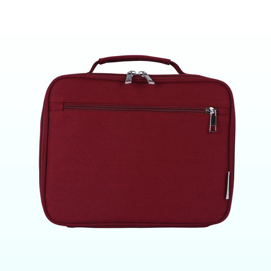 Burgundy insulated lunch bag with a top handle and front zip pocket