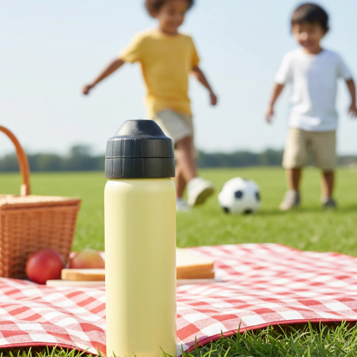 A pale yellow insulated bottle with a black lid stands on a red-and-white checkered picnic blanket in a grassy park. Two children are blurred in the background playing with a soccer ball, and a wicker picnic basket with fruit is visible to the left.