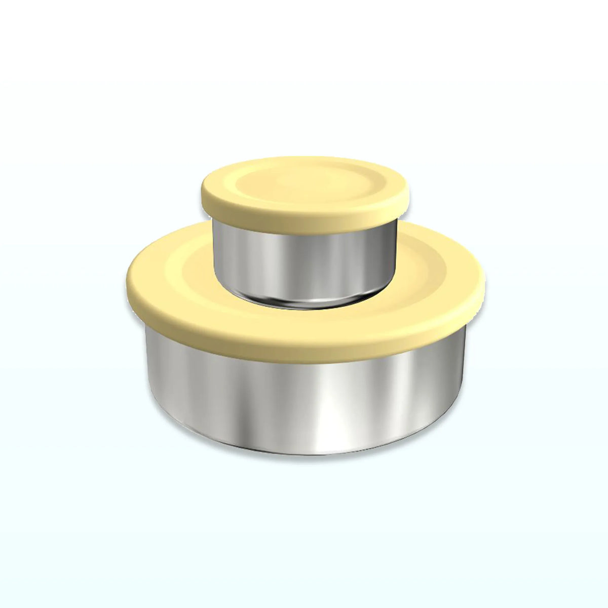 Two stainless steel snack pots with pale yellow silicone lids, the smaller stacked on the larger